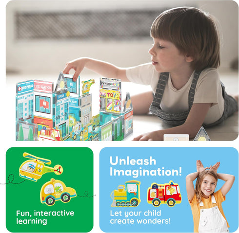 Set 8 3 PTQ14 PicassoTiles Metro City Hospital Magnetic Tile Building with Vehicles and Figures Educational Magnet