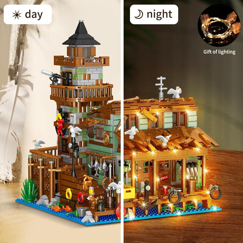 1881PCS Fishing Village Cabin Mini Building Blocks Toys with LED Lighting, Creative Architecture Building Sets for 6+