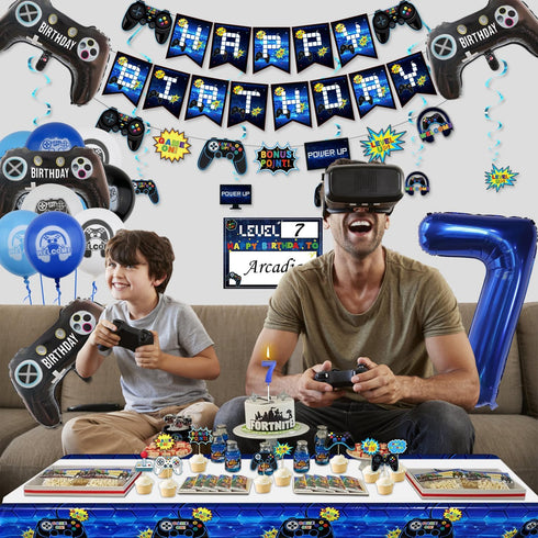Video Game Party Decorations for 7th Birthday, HAPPY BIRTHDAY Banner, Balloons, Gaming Supplies