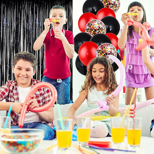 Red Black Birthday Party Decoration Kit - Happy Birthday Banner, Latex Balloons, Fringed Curtain, Confetti
