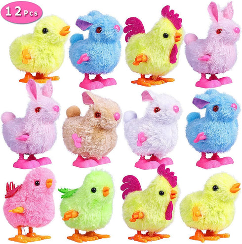 Max Fun 12Pcs Easter Wind Up Toys, Assorted Chicks & Bunny for Easter Party Favors