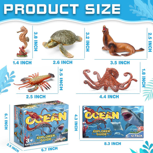 12 Pack Ocean Animal Toys with Educational Booklet for Kids, Realistic Soft Plastic Creatures Model Figures for Toddler