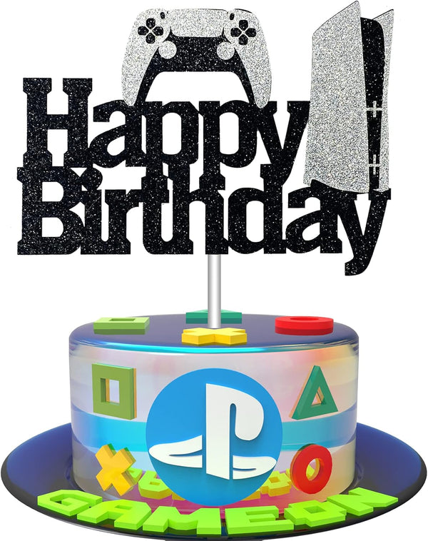 Game Controllers Happy Birthday Cake Topper - Glitter Gaming Cake Decoration for Boys Video Game Party