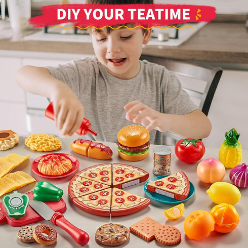 Sets Kitchen-80PC 2 Play Food for Kids Pretend Food with Kids Picnic Basket, Toy Food with Pizza Toy, Plastic Food