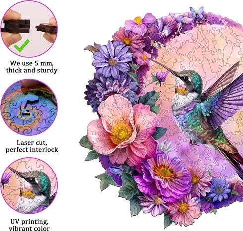Hummingbird Wooden Puzzles for Adults, Unique Animal Shape Jigsaw Puzzles, Birthday Gifts for Family (S-8.4 * 8.1in-100