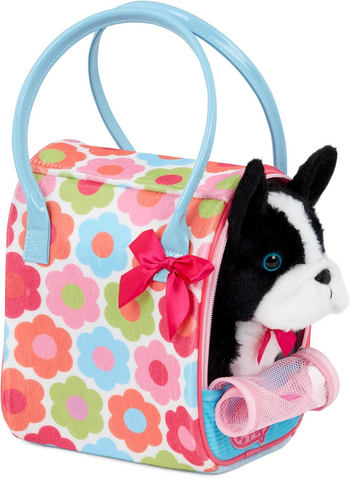 Toy Dog Plush Puppy - Boston Terrier with Floral Print Glam Bag for Kids 3 Years +