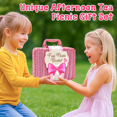Set Set 3-8 HAPGFS Pink Pretend Afternoon Tea Party with Storage Basket, Play Food & Accessories for Girls, Tea Party