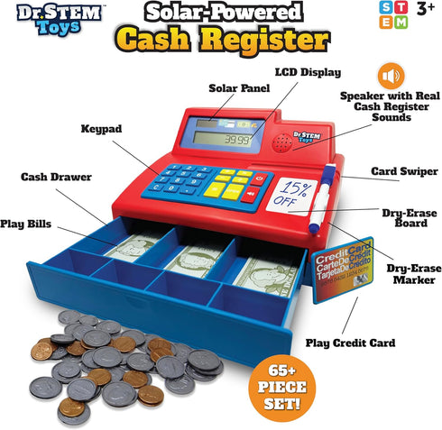 67-Piece Set Dr. STEM Toys Solar Powered Calculator Pretend Cash Register with Play Money for Learning Math Skills
