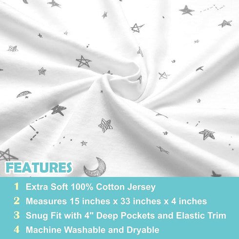 TL Care Fitted Bassinet Sheet, 100% Natural Breathable Cotton Jersey Knit, Grey Stars and Moons, 15" x 33" (Pack of 1)