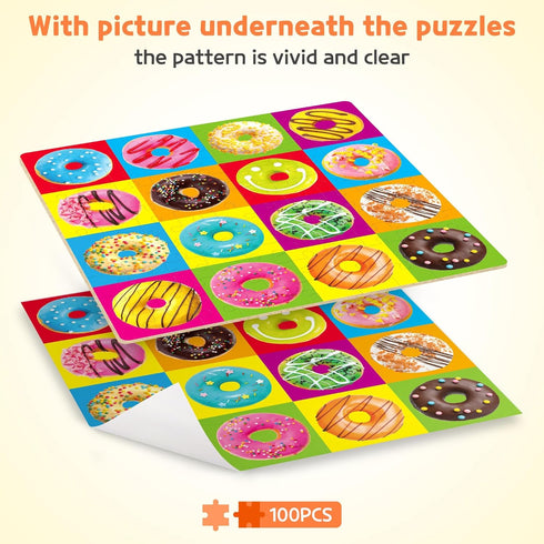 SYNARRY 100 Piece Wooden Puzzles for Kids Ages 4-8, Donuts Jigsaw Puzzle, Educational Toys for Children