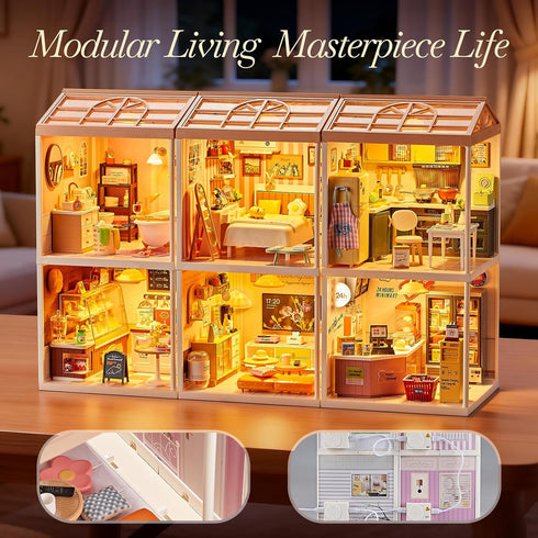 126Pcs Set 1:24 8+, Miniature Kitchen DIY House Kit Cooking Room Furniture with Plug-in LED Light & Modular Base, Scale