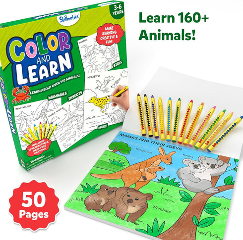 160+ 12 50 3, 4, 5, 6 Skillmatics Color & Learn Activity Book Learn Animals, Retractable Mess-Free Crayons & Pages