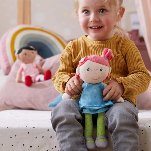 HABA Snug Up Philine, 10" Soft Doll with Embroidered Face, Pink Pigtail, Removable Blue Dress, Machine Washable