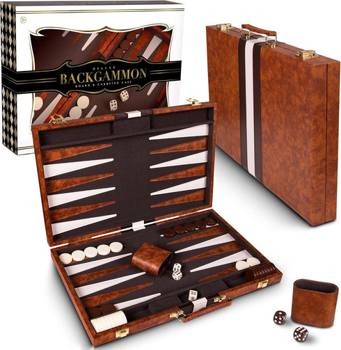 Backgammon 15 Inches Backgammon Sets Gammon Set Backgammon Set Premium Medium Brown - for Adults and Kids - Leatherette