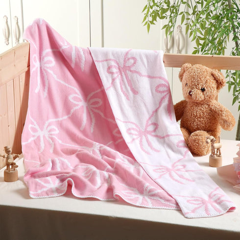 SmoothNovelty Pink Bow Knit Swaddle Blanket for Girls, Cotton Soft Cozy Lightweight