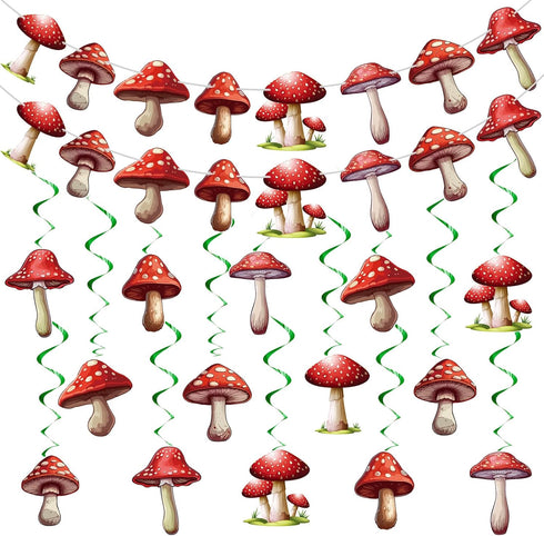 Ribbonlic 34 Pcs Mushroom Garlands Mushroom Hanging Swirls Mushroom Banners Mushroom Hanging Swirls