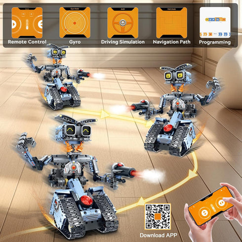 Set- 5 1 Elephant/Bulldozer/Tank/Tracked 12+ HiWEEGO Changeable LED Eyes Robot Building in Remote & App-Controlled