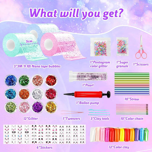 62 Pcs Nano Tape Bubble Kit, Double Sided Elastic Adhesive Bubbles, DIY Stress Balls Toys for Kids Crafts Party