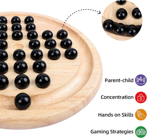 33 Offelec Wooden Solitaire Board Game with Piece Black Glass Marbles Classic One Player Gameplay Strategy Puzzle Board