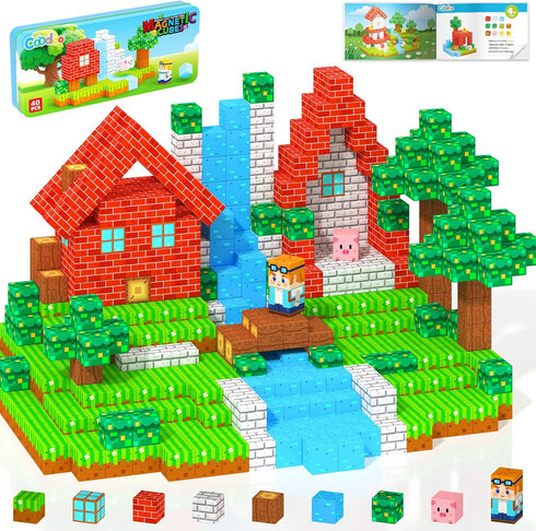 Magnetic Blocks Kids Travel Toys with Portable Metal Tin Montessori Building Blocks