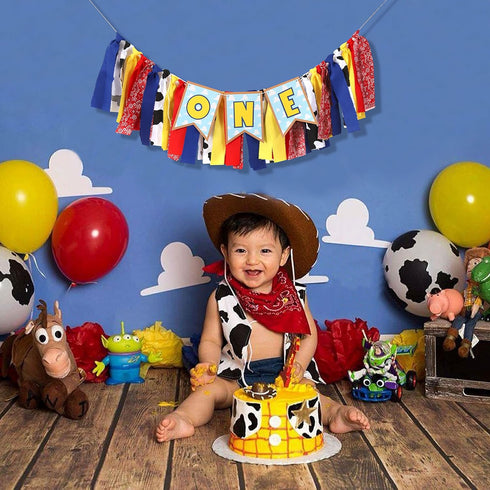 1st 1st Toy Theme Birthday Banner - Toy Inspiration Story's Birthday High Chair Banner,Western Party Decorations, West