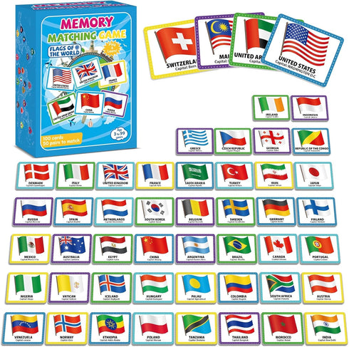gisgfim 50 Pairs Memory Matching Game, Flags of The World Concentration Games for Kids and Adults, Fun & Fast Learning