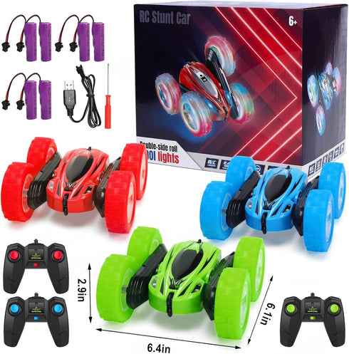 3Pcs Remote Control Car Toys for Kids, 2.4GHz RC Stunt Cars with Wheel Lights, 360° Rotating Cars (Blue+Red+Green)