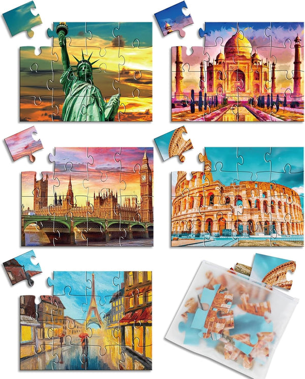 5 Packs of 16 Piece Large Jigsaw Dementia Puzzles for Alzheimer’s Activities, Easy Memory Games with Storage Bags