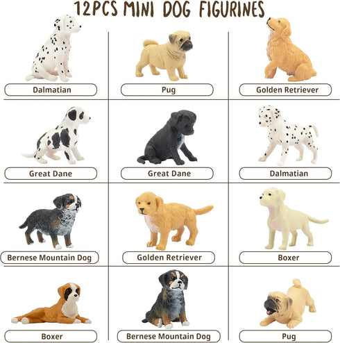 Toymany 12PCS Mini Dog Figurines Playset, Realistic Detailed Plastic Puppy Figures, Hand Painted Tiny Dogs