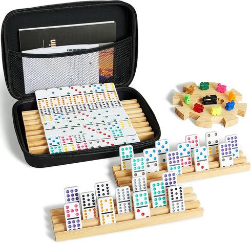 ELONGDI Mexican Train Double 12 Dominoes Set with 4 Wooden Trays/Racks in