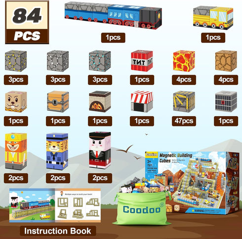 Set, 3+ 4-6 6-8 5-7 Coodoo Magnetic Blocks - Build Mine Magnet World Mine Train Track Magnetic Building Blocks Toddler