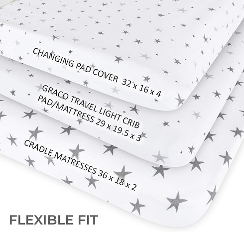 Ely’s & Co. Waterproof Changing Pad Cover | Cradle Sheet 2-Pack Set for Baby Boy - Grey Stars
