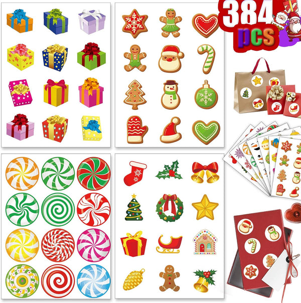 Funnlot Christmas Stickers for Kids, 384pcs Christmas Ornament Stickers Roll Assortment for Holiday Decor
