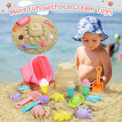 Beach Toys - Ice Cream Sand Toys for Toddlers with Collapsible Bucket and Shovels, Travel Toys for Kids Age 3-8+