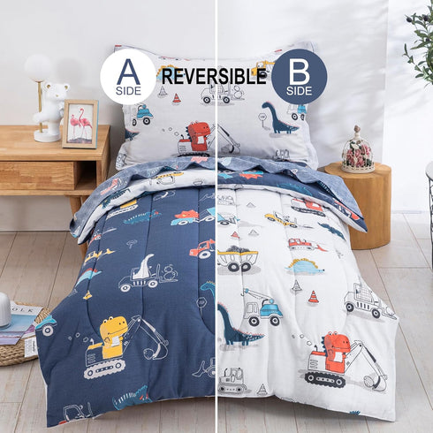 4 Set, Set DJY Pieces Cotton Toddler Bedding Dinosaur Cars Reversible Toddler Bed Comforter for Kids Boys Girls