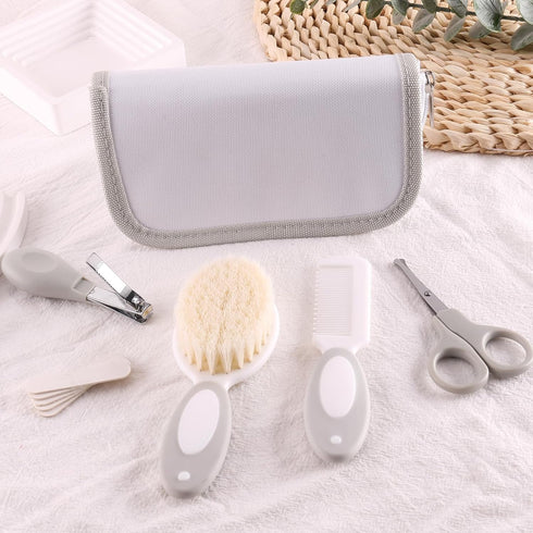 5 Baby Grooming Kit with Storage Pouch Baby Brush Soft Bristles pcs-Infant Brush, Rounded Comb, Safety Scissors, Nail