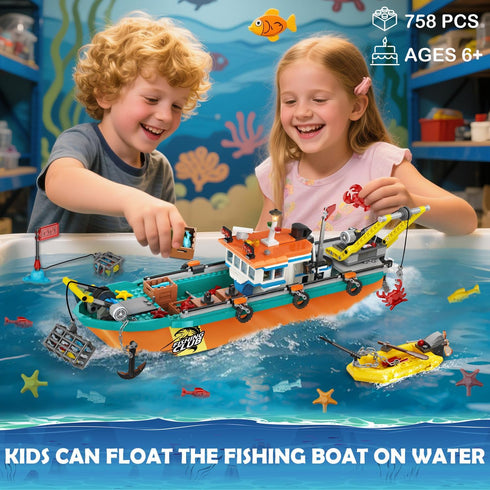 Set 6 7 8 9 10+, 762PCS City Fishing Boat Wharf Building - Floatable Sea Fishing Ship Building Block Kit with Speedboat