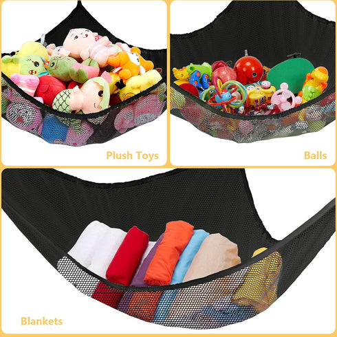 Jumbo Toy Net Hammock for Stuffed Animals, KoHuiJoo Wall Sling Corner Organizer, Black 2 Pack
