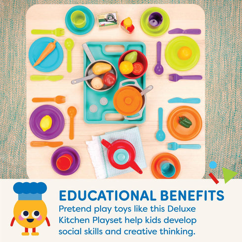 Battat Deluxe Kitchen Playset – 71Pc Pretend Cooking Accessories – 4 Table Settings & Cutlery – Dishwasher Safe