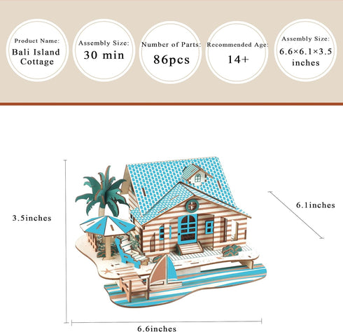 3D Wooden House Puzzles for Adults, Bali Island Cottage Building Model, 6.6" × 6.1" × 3.5", Laser Engraving, No Tools