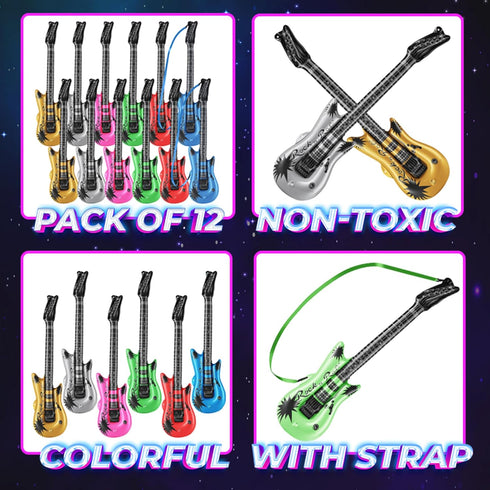 (pack 12) 36-inch 80s 90s Inflatable Guitars With Strap - Of Colorful Blow Up Guitar, Party Favors, DJ-props