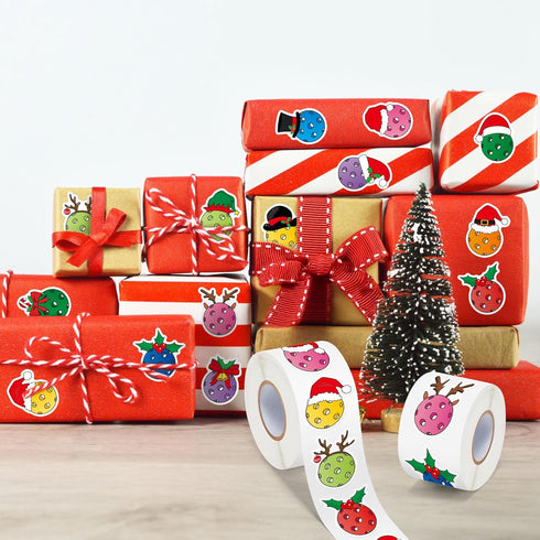 1000Pcs Haooryx Chirstmas Pickleball Sticker Rolls - Colorful Pickleball Waterproof Vinyl Reusable Laptop Stickers