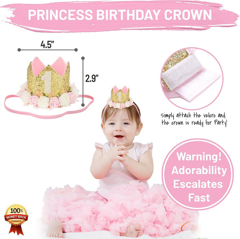 1st Birthday Girl Decorations - High Chair Tutu Skirt with No.1 Crown, Cake Smash Banner, Princess Crown, 'ONE' Cake