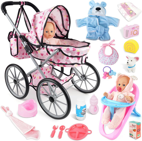 SMILESSKIDDO Baby Doll Stroller Toy Set - 12 Inch Soft Body Dolls