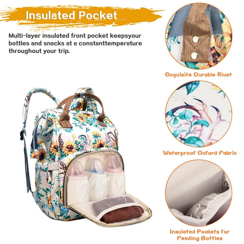LIMHOO Backpack, Floral Diaper Bag Waterproof Baby Care Bag, Women Travel Baby Nappy Changing Bag (White)