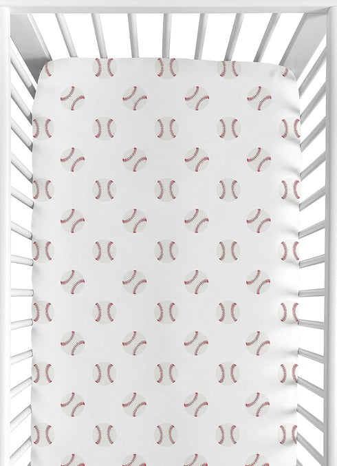 Sweet Jojo Designs Red and White Baby or Toddler Fitted Crib Sheet for Baseball Patch Sports Collection