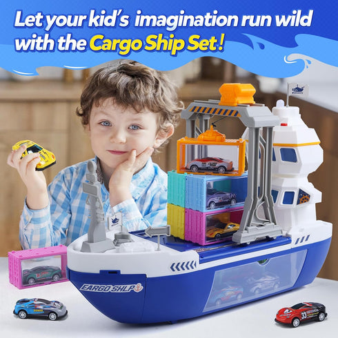 Playset CUTE STONE Cargo Ship Toy & Gantry Crane, Toy Boat and Crane with Sounds & Lights, Transport Containers, Push
