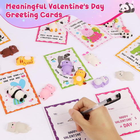 Qudoustar 28 Pack Valentines Day Gifts for Kids School with Kawaii Mochi, Stress Relief Fidget Toys with Valentines Day