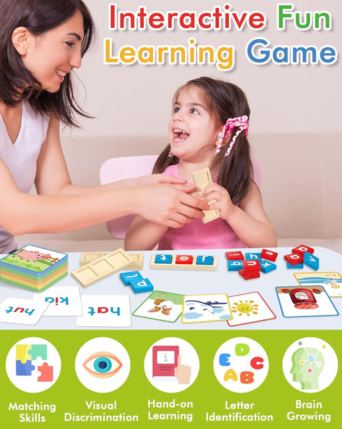 Gojmzo Wooden CVC Word Spelling Games, Montessori Educational Toys Gifts for 3-6 Year Old Kids, Sight Words Flash Cards
