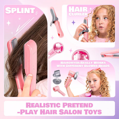 Set 10pcs Playset Toy Choi's Children's Pretend Play Hair Styling Salon with Hair Dryer, Pink Princess Hairdressing Kit